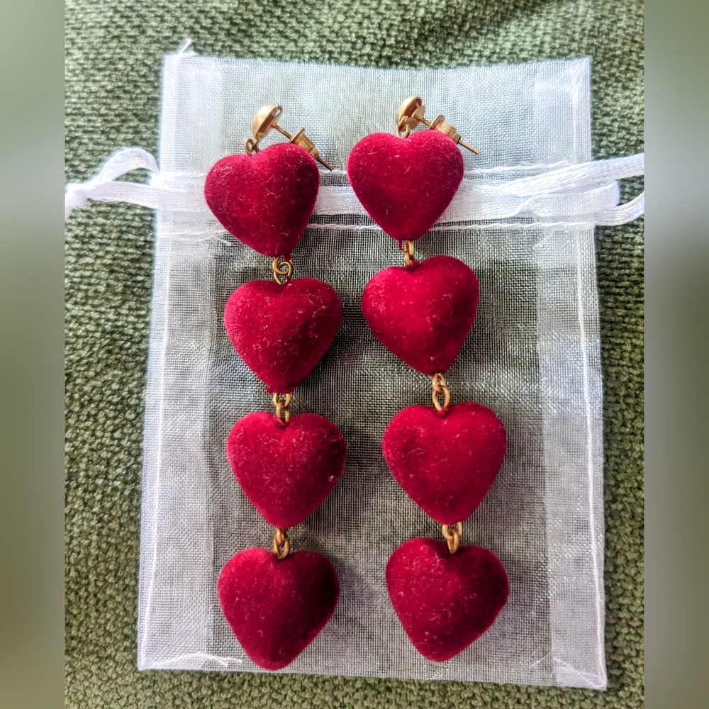 NEW Deep Red Velvet Tiered Heart Earrings ❤️